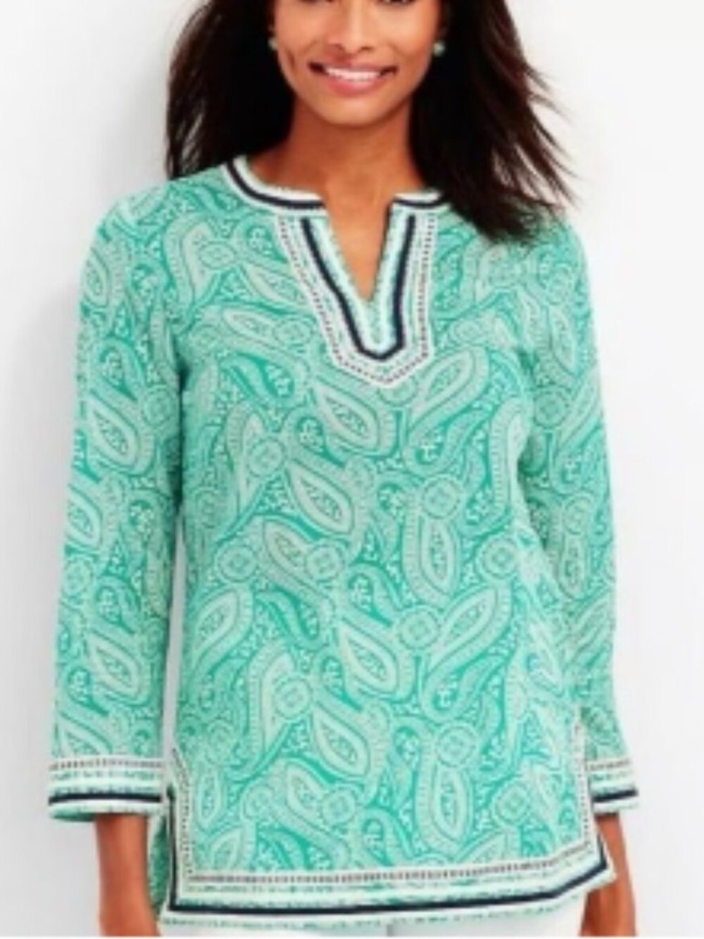 Talbots Green and White Paisley Tunic - Petite